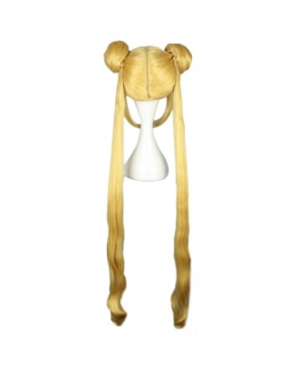 Women Long Yellow Wigs with 2 Ponytails Double Bun Hair Anime Cosplay for Sailor Moon Tsukino Usagi 